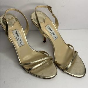 Jimmy Choo Gold Metallic Strappy Slingback Sandal Heels, Sz 10